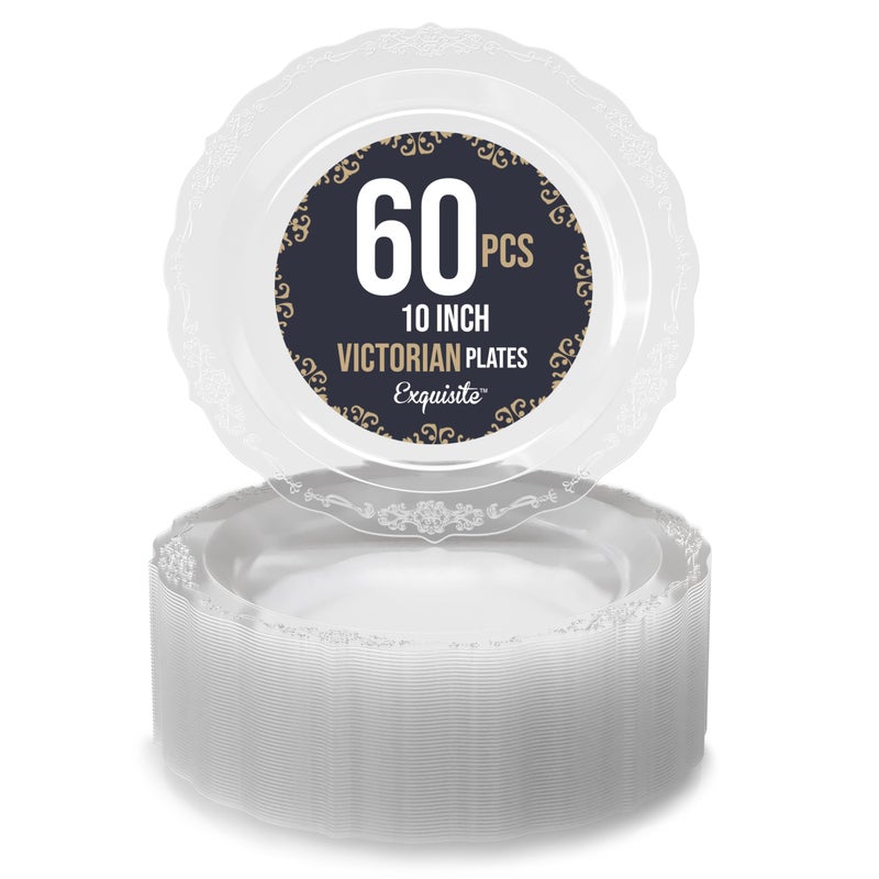 Exquisite Victorian Plastic Plates - 60 Piece Disposable Party Set for 60 Guests - 10 Inch Clear Dessert Plates - Heavy Duty - Image 1